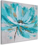 Yihui Arts Teal Flower Canvas Wall Art with Gold Foil - Hand Painted Floral Painting for Living Room Decor