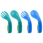 Vicloon Baby Fork and Spoon Set, 4Pcs Self Feeding Utensil Easy Grip Toddler Cutlery Kit, Baby Weaning and Feeding Spoons for Infant Toddler Children First Led Training Weaning (Blue/Green)