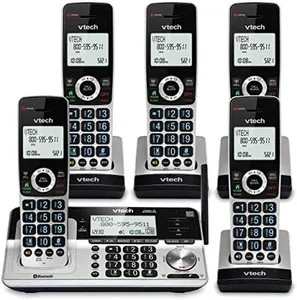 VTech VS113-5 Extended Range 5 Handset Cordless Phone for Home with Call Blocking, Connect to Cell Bluetooth, 2" Backlit Screen, Big Buttons, and Answering System, Silver & Black