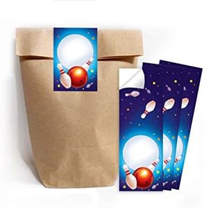 12 sacchetti regalo (naturale) + 12 adesivi bowling party colorati per regalini bomboniere compleanno bambini ragazzi ragazze