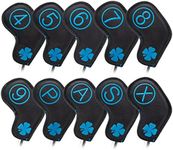 Korea Style Golf Iron Covers Headcovers Set, 10Pcs Golf Iron Head Covers with Lucky Clover for Men Golfers, Black with Blue Clover Iron Headcovers Set