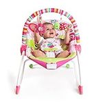 Bright Starts, Raspberry Garden Infant to Toddler Rocker and Bouncer with Soothing Vibrations, Baby Seat with Removable Toy Bar, 2 Toys, Reclinable, Newborn and up, Pink, 1 Count (Pack of 1)