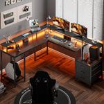 Huuger L Shaped Gaming Desk with LED Lights and Power Outlets, Computer Desk with Drawers, 66.1 Inches Corner Desk, Home Office Desk with Printer Stand, Large Storage Space, Carbon Fiber Black