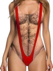uideazone Swimsuit for Women Funny One Piece Bathing Suit Red Tape Chest Hair Monokini Summer Swimwear Cloth Beachwear