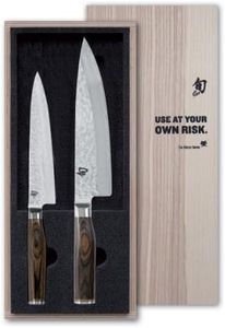KAI Shun Premier Tim Mälzer Ensemble de 2 Couteaux de Chef Japonais - Couteau de Chef 20 cm + Couteau Utilitaire 16,5 cm - Acier Damas VG Max avec 32 Couches - 61 HRC - Manche en Pakkawood