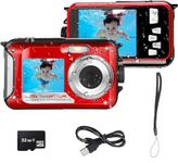 Acuvar 48MP Megapixel Waterproof Dual Screen Full HD 1080P Digital Camera for Underwater Photo and Video Recording for Selfies with LED Flash Light for Adults and Kids + 32GB SD Card (Red)