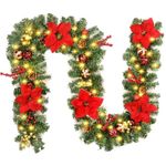 Quntis Christmas Garland, 9ft Christmas Garland with 50 LED Lights,Timing Function Garland with Poinsettia Flowers,Decoration Artificial Garland for Outdoor Indoor Front Door Fireplace Window Stair