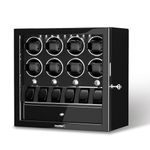 DUKWIN Watch Winder for 8 Automatic Watches, Black Lockable Watch Winders with Extra 6 Watch Storage, Jewelry Storage, 4 Rotation Modes, LED Light, Super Quiet Mabuchi Motor and Spring Watch Pillows