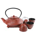 Cuisiland Dragonfly Cast Iron 37oz Teapot Set with 4 Cups Red