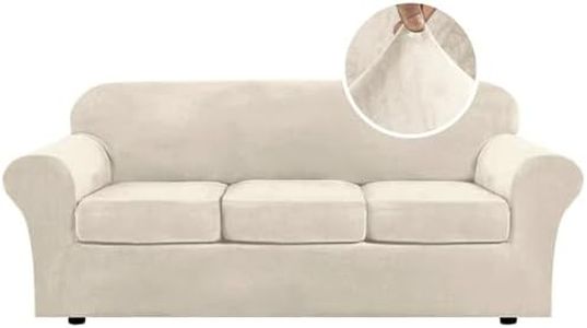 H.VERSAILTEX Modern Velvet Plush 4 Piece High Stretch Sofa Slipcover Furniture Protector Form Fit Luxury Thick Sofa Cover for 3 Cushion Couch, Machine Washable Width Up to 90 Inch(Sofa,Ivory)