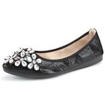 QIMAOO Womens Fold up Pumps Roll up Shoes Foldable Ballet Flats with Rhinestone, Portable Ladies Slip On Loafers Black 7 UK