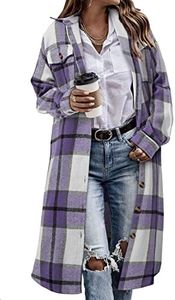 CHICZONE Womens Casual Lapel Button Down Long Plaid Shirt Flannel Shacket Jacket Tartan Trench Coat Purple L