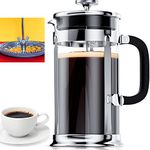 French press coffee maker with EzDtach [Double Filter - the Purest home-brewed coffee/tea] Gift 2 Free Bonus Screens [Premium Stainless Steel] [Thick Heat-resistant Glass Pot (34oz, chrome) 1 Liter