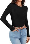 Ekouaer Womens Long Sleeve Ribbed Shirts Trendy Slim Fitted Tops Thermal Under Scrub Crew Neck Soft Fleece Basic Layer Black