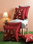 CIDIZY Maroon Silk Golden Floral Cushion Cover, 16 x 16 Inch, Set of 5