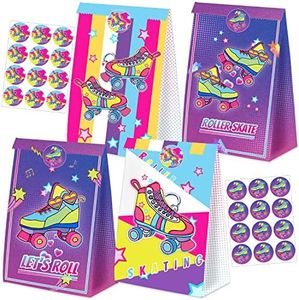 RHDZUS 24 Pack Paper Roller Skating Party Favor Bags with Sealing Stickers Treat Gift for Birthday Decoration Supplies Skate Decorations for Girls Boys