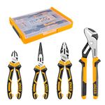 INGCO 4 Pcs Pliers Set in Stackable Box, 8" Long Nose Pliers,7" Diagonal Cutting Pliers, 8" Combination Pliers,10" Pump Pliers HKTV01P042