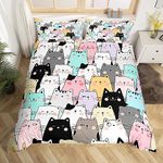 Manfei Cartoon Cats Duvet Cover Set Double Size, Lovely Animal Print Comforter Cover with 2 Pillowcases, Cute Watercolor Cats Bedding Set 3pcs for Kids Girls Bedroom Decor Lightweight Bedspread Cover