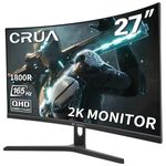 CRUA Gaming Monitor, Curved 27 Inch QHD 165Hz Computer Monitor, 2560 * 1440P 1800R Frameless PC Monitor, 1ms GTG with FreeSync, Low Motion Blur, Eye Care, VESA, DisplayPort/HDMI