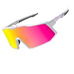 Excoutsty Polarized Sports Sunglasses for Men Women,UV400 Windproof Baseball Cycling Sunglasses with 3 Interchangeable Lenses (White Pink)