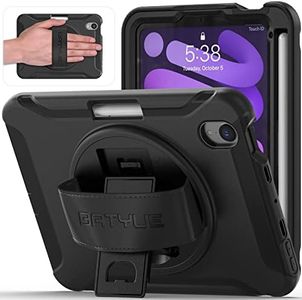 BATYUE iPad Mini 6th Generation Case, iPad Mini 6 Case 2021 with Apple Pencil Charging Pencil Holder/ 360° Swivel Stand/ Hand Strap, Shockproof Protective Rugged Case for iPad Mini 6 -- Black