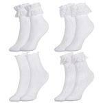 Zuimei 4 Pairs White Frilly Socks for Women Girls, Fairy Lace Trim Ruffle Socks with Bow, Ladies Frilly Ankle Socks, Cotton Princess Dance Dress Socks for Casual Wedding Costume Party Supplies