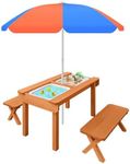 Kids Sand and Water Table Picnic Chairs Outdoor Wooden Bench Adjustable Umbrella Children Play Station Storage Playset Furniture Activity Center