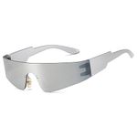 Trendy Rimless Futuristic Wrap Around Sunglasses Women Men,UV400 Cyberpunk Visor Sunglasses Shades Fashion Mirror Eyeglasses, Silver/Silver, 80mm
