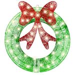 Ogrmar 24in Outdoor Christmas Wreath Decoration, LED Metal Bow Christmas Wreath Decoration, Lighted Christmas Decorations, Pre Lit Lights Holiday Decor for Christmas Indoor Outdoor Home Garden