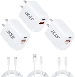 Acer USB C Charger Block, 20W Dual Port USB C Charger, 3-Pack USB Wall Charger, Phone Charger with 3-Pack 6.6FT Fast Charging Cables Compatible with iPhone 16/15/ iPad Pro/Air/AirPods and More