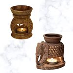 Urban Decor Handmade Soapstone Elephant & Flower Engraved Marble Aroma Oil Burner Tea Light Holder Diffuser