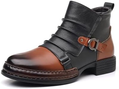 DINAOR Mens Retro Color Block Booties,Brown Black Contrast Leather Side Zipper Metal Buckle Round Toe Low Heel Business Casual Biker Style (CT6308-Brown-47)