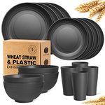 Teivio 16-Piece Plastic Wheat Straw Dinnerware Set, Service for 4, Dinner Plates, Dessert Plate, Cereal Bowls, Cups, Unbreakable Plastic Outdoor Camping Dishes, Black