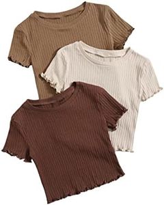 OYOANGLE Girl's 3Pcs Rib Knit Short Sleeve Crew Neck Lettuce Trim Crop Tee Top Beige Khaki Brown 10Y