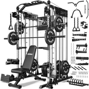 GOIMU SM4 Smith Machine with Dual Pulley System, 2500lbs Multi-Function Power Cage with LAT Pulldown & Low Row, Squat Rack with Weights Storage Rack & Leg Hold-Down Attachment for Home Gym