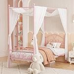 Weehom Princess Canopy Bed Frame with 4 Posters, Sturdy Metal Platform Mattress Foundation with Headboard&Footboard No Box Spring Needed Twin Size Bed for Kids Girls Adults Pink