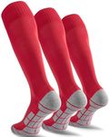 CWVLC Youth Soccer Baseball Socks 3 Pairs, Football Sport, Softball Team Athletic Socks, Knee High Long Tube Cotton Arch Ankle Compression Socks, Red, Medium