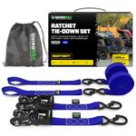 RHINO USA Ratchet Straps Motorcycle Tie Down Kit, 5,208 Break Strength - (2) Heavy Duty 1.6" x 8' Rachet Tiedowns with Padded Handles & Coated Chromoly S Hooks + (2) Soft Loop Tie-Downs (BLUE)