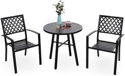 PHI VILLA 3 Piece Outdoor Bistro Dining Set, Metal Steel Round Table & Stacking Iron Chairs, Small Furniture Conversation Set for Porch, Deck, Balcony,Patio