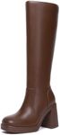 Athlefit Brown Boots Women Fall Knee High Platform Boots Waterproof Leather Chunky Blocked Booties Size 8.5