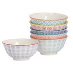 Nicola Spring Patterned Cereal Bowl - 6 Colours - 16cm - Pack of 6 - Hand Printed Japanese Style Porcelain Serving Bowls for Dessert, Pasta, Cereal, Salad, Noodles, Soup