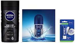 Nivea Men Body Wash, Deep Impact, 3 in 1 Shower Gel for Body, Face & Hair With Microfine Clay, 250ml & Deo Fresh Active Roll On, 50ml & Lip Balm, Original Care, 4.8g