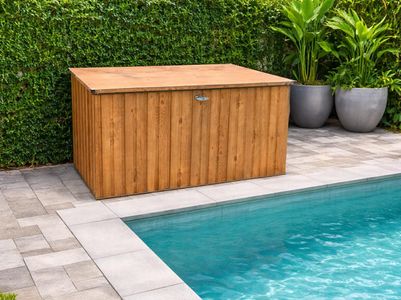 Duramax 1.9 Metal Outdoor Cushion Box 1450L – Hydraulic Lid, Woodgrain Brown