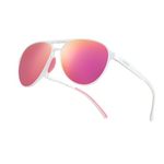 Jefoo Polarized Aviator Sunglasses for Women Men Retro Trendy Sports Sunglasses for Outdoor UV400 Protection, White Frame / Mirrored Pink Lens