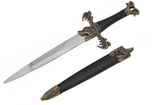 Wuu Jau Co H-5930 Medieval Dagger with Dragon Gold Handle Design and Black Scabbard, 16"