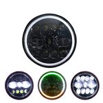 Allextreme EX7SB22 11 LED 7 Inch Round Headlight with Full Ring Tricolor DRL Angel Eyes & Hi/Low Beam Compatible with Royal Enfield, Jeep & Harley Davidson (75W, Pack of 1)