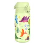 Ion8 Kids Water Bottle, Steel 400 ml/13 oz, Leak Proof, Easy to Open, Secure Lock, Dishwasher Safe, Flip Cover, Carry Handle, Easy Clean, Durable, Metal Water Bottle, Raised Print, Dinosaurs Design