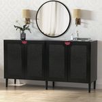 Anmytek 63" Rattan Sideboard Buffet Cabinet with 4 Doors, Large Kitchen Storage Cabinet Black Sideboard with Adjustable Shelf Credenzas for Kitchen Living Room Hallway H0108