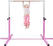 Maxmass Kids Gymnastics Bar, Height-Adjustable Horizontal Bar with Dual Locking Mechanism and Beech Wood Rod, Children Junior Training Bar for Home Gym (Pink)
