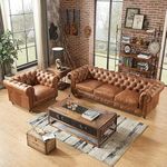 Sky Rise Decor Modern Classic 5 Seater Fabric & Valvet Tufted 3+1+1 Footrest Chesterfield Sofa Living Room and Office (Brown latharate)